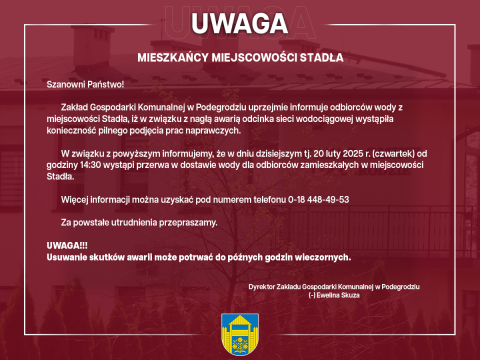 Przerwa w dostawie wody w miejscowości Stadła