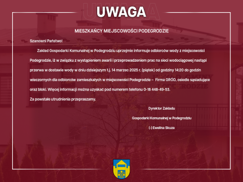 Przerwa w dostawie wody - Podegrodzie
