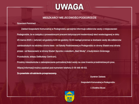 Przerwa w dostawie wody - Podegrodzie