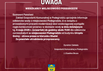 Przerwa w dostawie wody - Podegrodzie