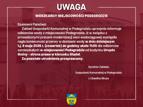 Przerwa w dostawie wody - Podegrodzie