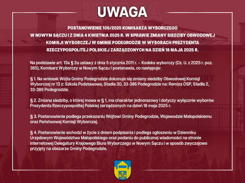 POSTANOWIENIE 105/2025 KOMISARZA WYBORCZEGO W NOWYM SĄCZU I z dnia 4 kwietnia 2025 r. w sprawie zmiany siedziby obwodowej komisji wyborczej w Gminie Podegrodzie w wyborach Prezydenta Rzeczypospolitej Polskiej zarządzonych na dzień 18 maja 2025 r.