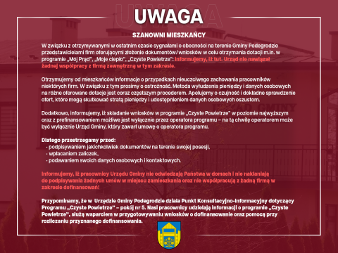 Uwaga dotycząca przedstawicieli firm oferujących złożenie dokumentów/wniosków w celu otrzymania dotacji