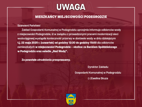 Przerwa w dostawie wody - Podegrodzie