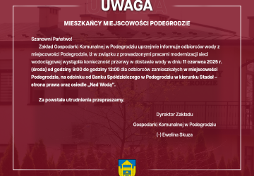 Przerwa w dostawie wody - Podegrodzie