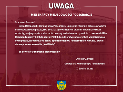 Przerwa w dostawie wody - Podegrodzie