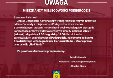 Przerwa w dostawie wody - Podegrodzie