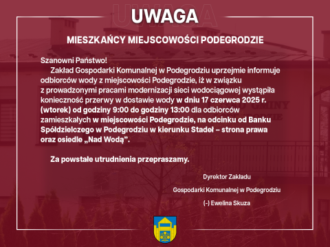 Przerwa w dostawie wody - Podegrodzie