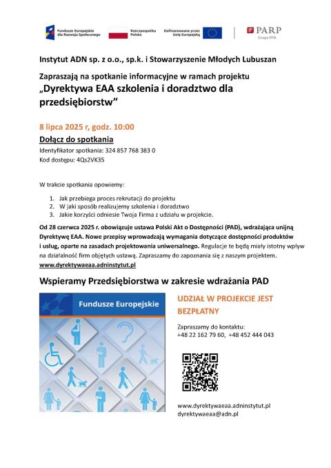 Instytut ADN sp. z o.o., sp.k. i Stowarzyszenie Młodych Lubuszan Zapraszają na spotkanie informacyjne w ramach projektu „Dyrektywa EAA szkolenia i doradztwo dla przedsiębiorstw”