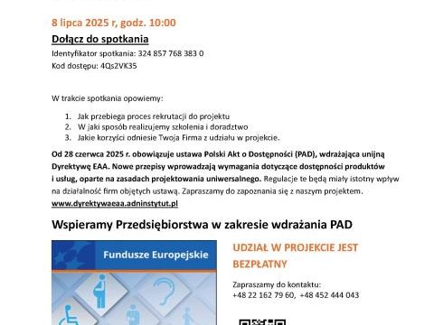 Instytut ADN sp. z o.o., sp.k. i Stowarzyszenie Młodych Lubuszan Zapraszają na spotkanie informacyjne w ramach projektu „Dyrektywa EAA szkolenia i doradztwo dla przedsiębiorstw”