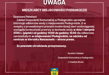 Przerwa w dostawie wody - Podegrodzie