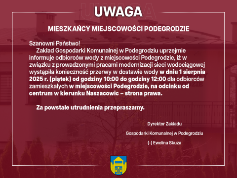 Przerwa w dostawie wody - Podegrodzie