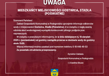 Przerwa w dostawie wody - Gostwica, Stadła (Poświatne)