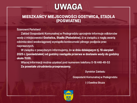 Przerwa w dostawie wody - Gostwica, Stadła (Poświatne)