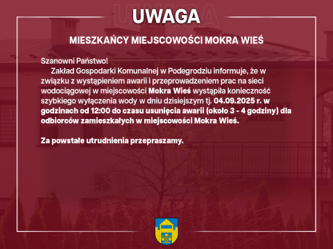 Przerwa w dostawie wody - Mokra Wieś