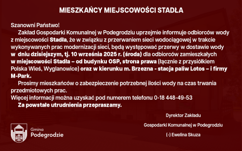 Przerwa w dostawie wody - Stadła