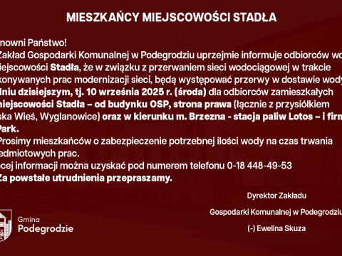 Przerwa w dostawie wody - Stadła