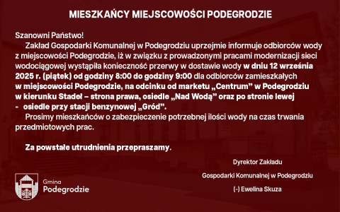 Przerwa w dostawie wody - Podegrodzie