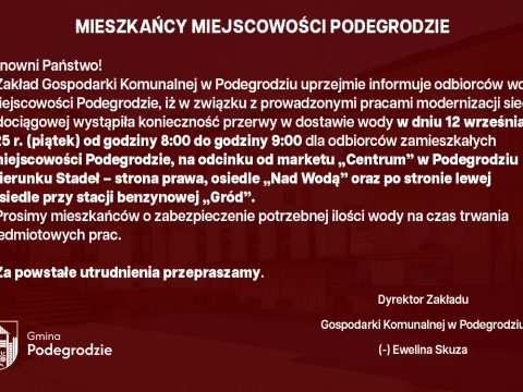 Przerwa w dostawie wody - Podegrodzie