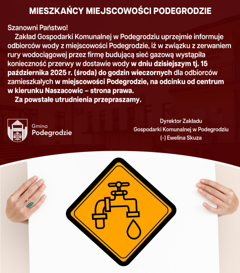 Przerwa w dotawie wody - Podegrodzie