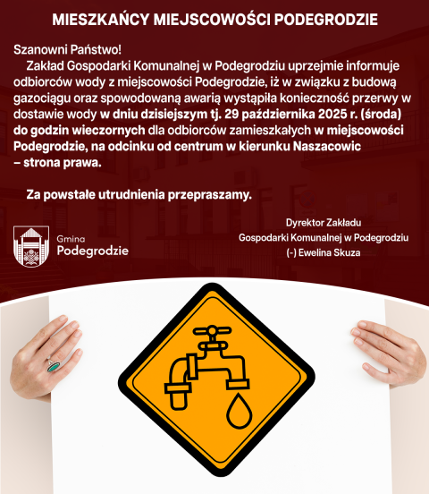 Przerwa w dostawie wody - Podegrodzie