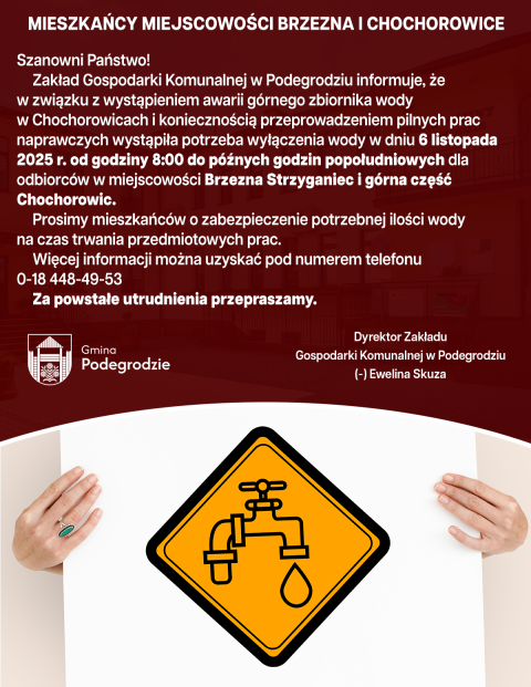 Przerwa w dostawie wody - Brzezna i Chochorowice