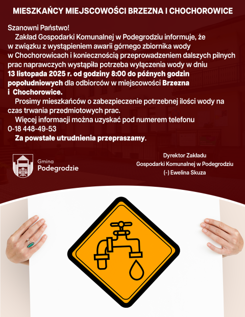 Przerwa w dostawie wody - Brzezna i Chochorowice