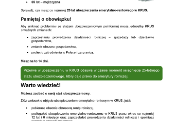 KRUS przypomina o zasadach dotyczących stażu ubezpieczeniowego i emerytury rolniczej