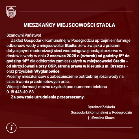 Przerwa w dostawie wody - Stadła