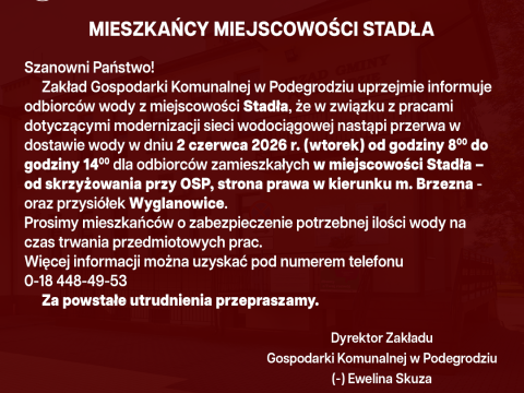 Przerwa w dostawie wody - Stadła