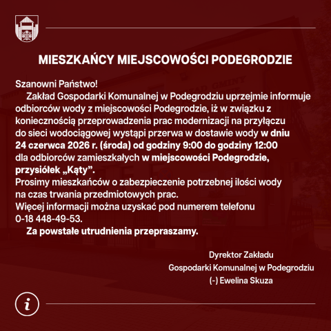 Przerwa w dostawie wody - Podegrodzie