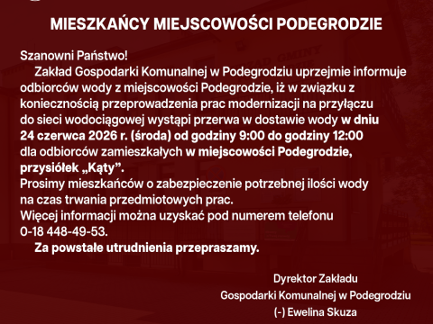 Przerwa w dostawie wody - Podegrodzie