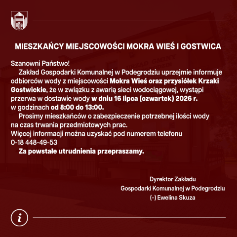 Przerwa w dostawie wody - Mokra Wieś i Gostwica