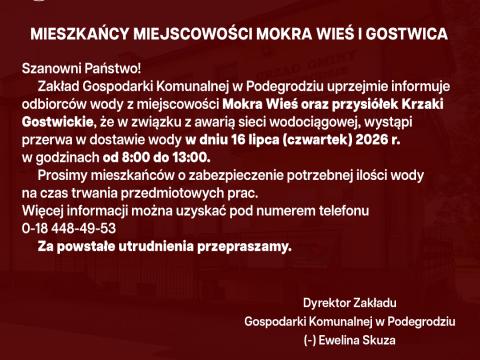 Przerwa w dostawie wody - Mokra Wieś i Gostwica