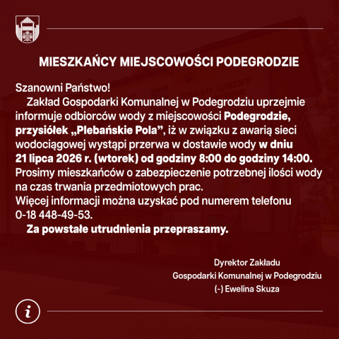 Przerwa w dostawie wody - Podegrodzie