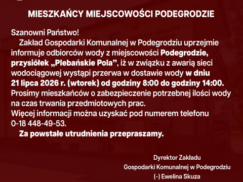 Przerwa w dostawie wody - Podegrodzie