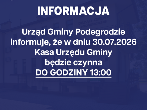 Godziny pracy kasy Urzędu Gminy Podegrodzie w dniu 30.07.2026
