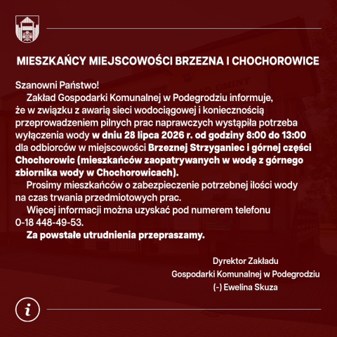 Przerwa w dostawie wody - Brzezna i Chochorowice