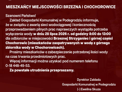 Przerwa w dostawie wody - Brzezna i Chochorowice