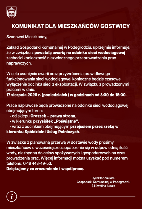 Przerwa w dostawie wody - Gostwica