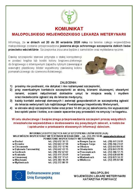 Komunikat Małopolskiego Wojewódzkiego Lekarza Weterynarii w Krakowie
