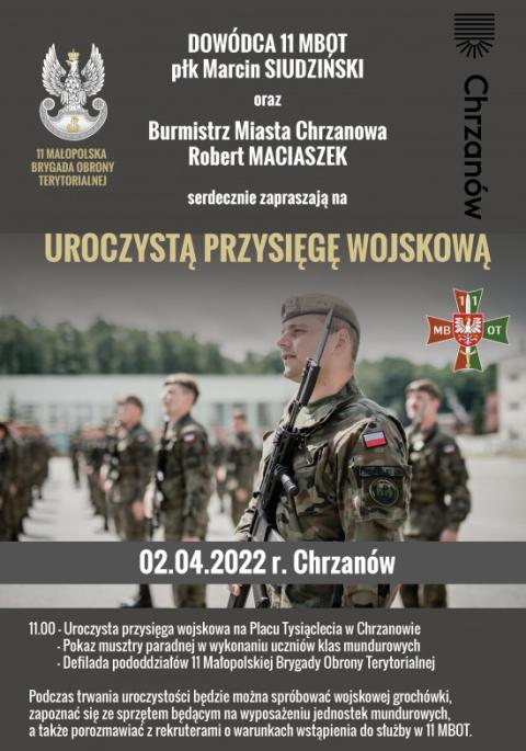 Zaproszenie na uroczystą przysięgę żołnierzy 11 Małopolskiej Brygady Obrony Terytorialnej