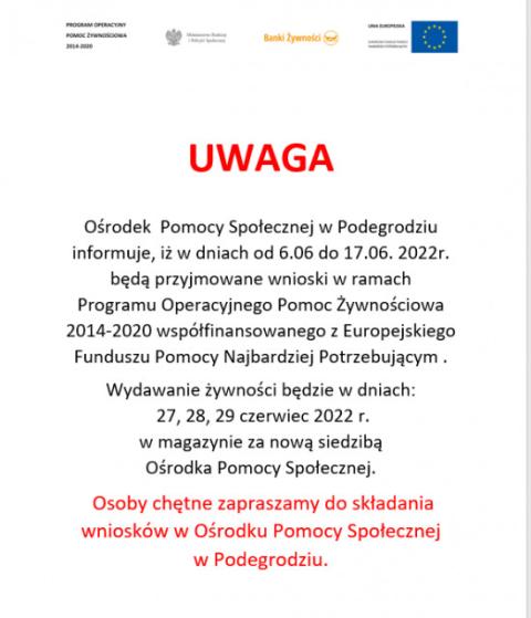 Przyjmowane wniosków w ramach Programu Operacyjnego Pomoc Żywnościowa 2014-2020 współfinansowanego z Europejskiego Funduszu Pomocy Najbardziej Potrzebującym