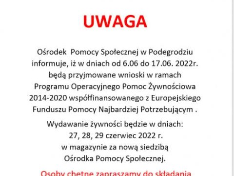 Przyjmowane wniosków w ramach Programu Operacyjnego Pomoc Żywnościowa 2014-2020 współfinansowanego z Europejskiego Funduszu Pomocy Najbardziej Potrzebującym