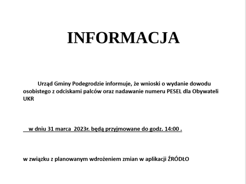 Informacja, dot. wydawania dowodów osobistych