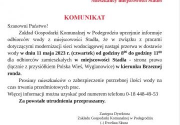 UWAGA! Mieszkańcy miejscowości Stadła - brak wody!