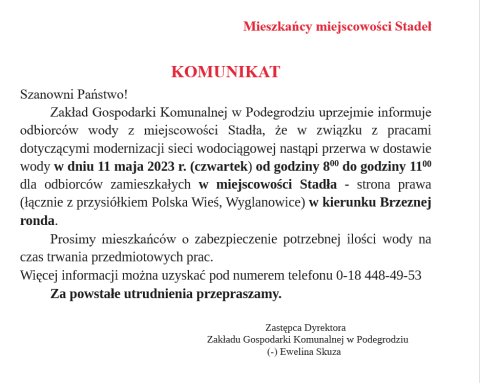 UWAGA! Mieszkańcy miejscowości Stadła - brak wody!