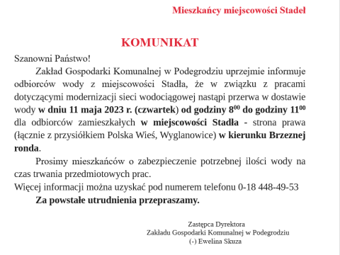 UWAGA! Mieszkańcy miejscowości Stadła - brak wody!