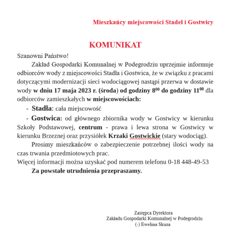 UWAGA! Mieszkańcy miejscowości Stadeł i Gostwicy