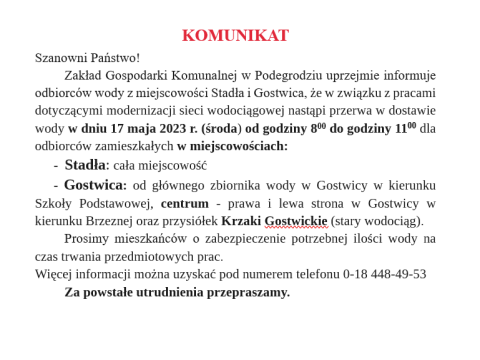 UWAGA! Mieszkańcy miejscowości Stadeł i Gostwicy